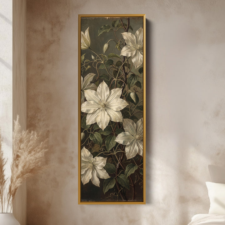 White Clematis on Dark Vertical Wall Art Vintage Botanical for Living Room vertical wall art shown in a gold frame