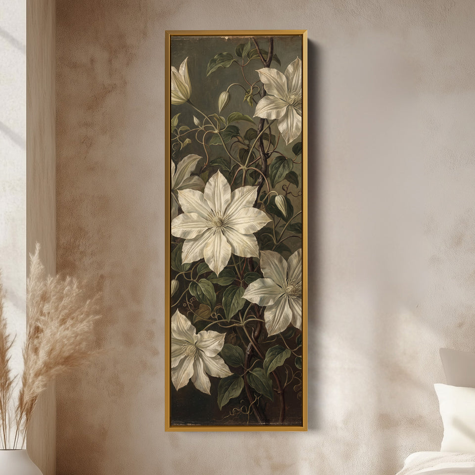 White Clematis on Dark Vertical Wall Art Vintage Botanical for Living Room vertical wall art shown in a gold frame