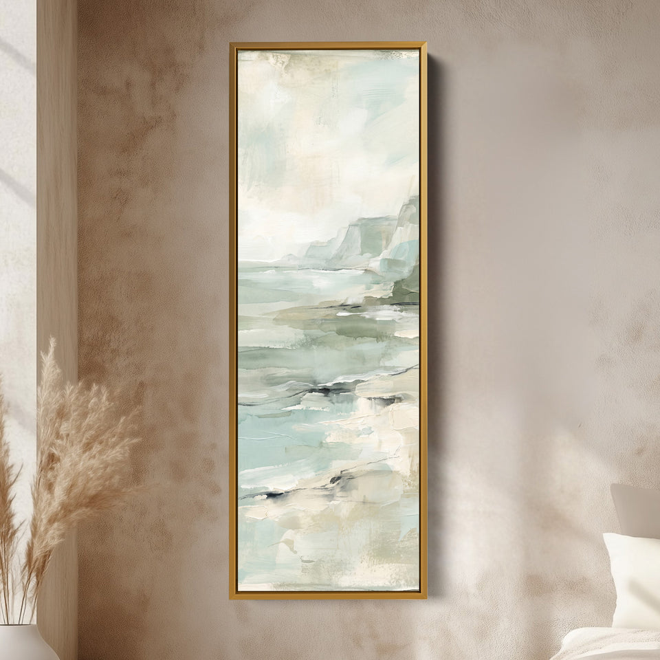 Calm Coastal Cliffs and Sea Tall Wall Art for Bedroom vertical wall art shown in a gold frame