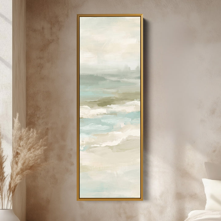 Hallway Wall Art Tall Narrow Misty Seascape in Sage and Sand vertical wall art shown in a gold frame