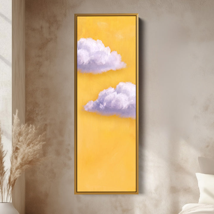 Vertical Wall Art Lilac Clouds on Yellow for Kids Room vertical wall art shown in a gold frame