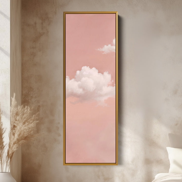 Clouds on Blush Pink Tall Wall Art for Bedroom vertical wall art shown in a gold frame