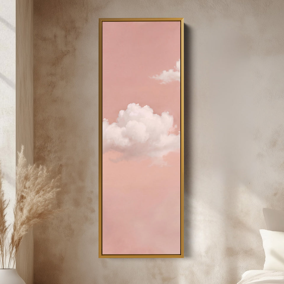 Clouds on Blush Pink Tall Wall Art for Bedroom vertical wall art shown in a gold frame