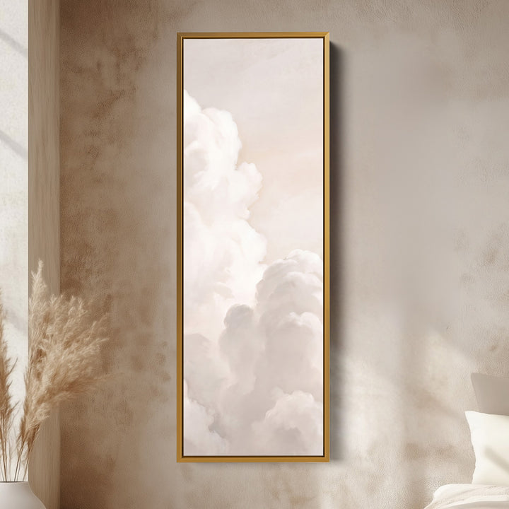Soft Neutral Billowing White Clouds Tall Narrow Wall Art for Living Room vertical wall art shown in a gold frame