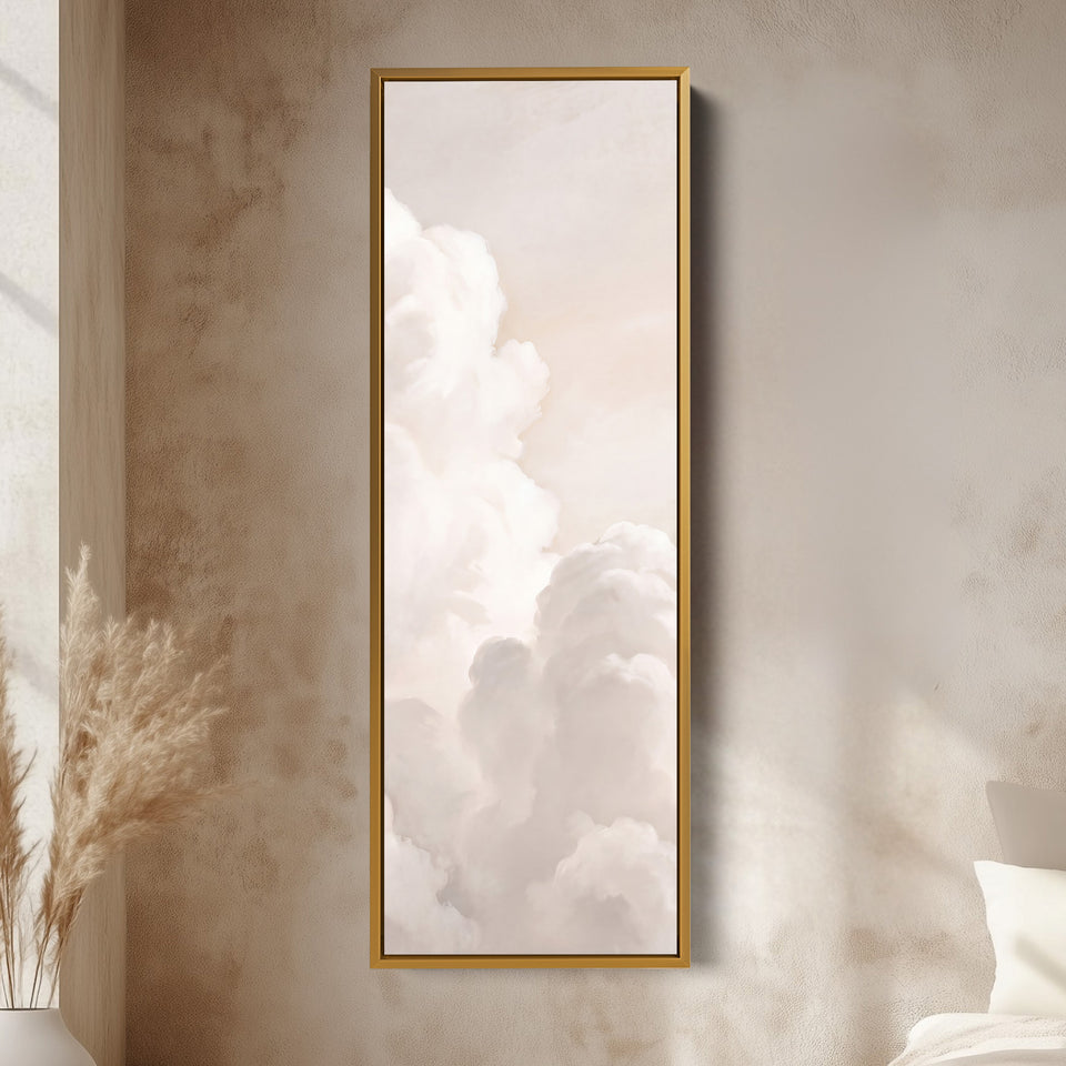 Soft Neutral Billowing White Clouds Tall Narrow Wall Art for Living Room vertical wall art shown in a gold frame