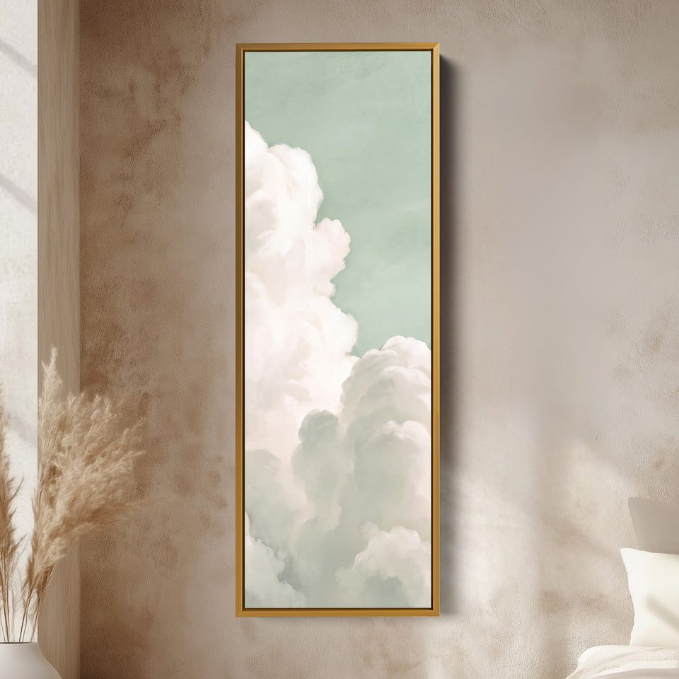 Bedroom Wall Art Vertical White Clouds on a Mint Sky vertical wall art shown in a gold frame
