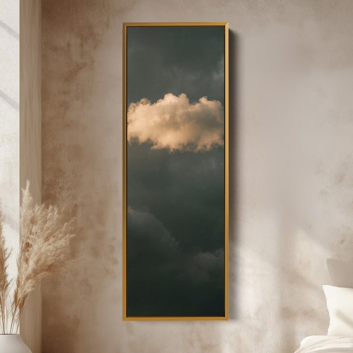 Golden Cloud on Dark Green Tall Narrow Wall Art for Living Room vertical wall art shown in a gold frame