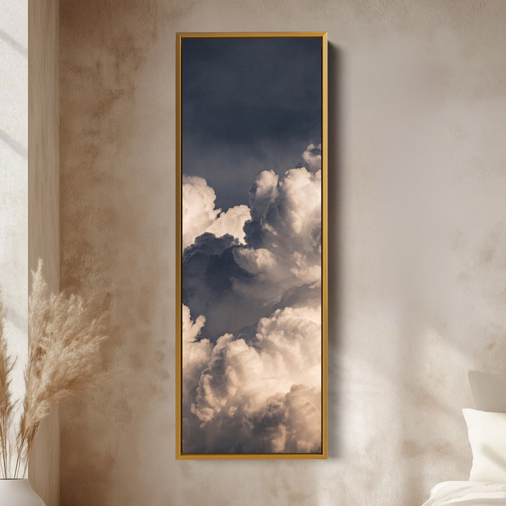 Dramatic Storm Clouds at Dusk Vertical Wall Art for Hallway vertical wall art shown in a gold frame