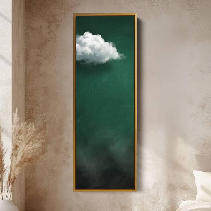 Living Room Wall Art Tall White Cloud on Emerald Green vertical wall art shown in a gold frame