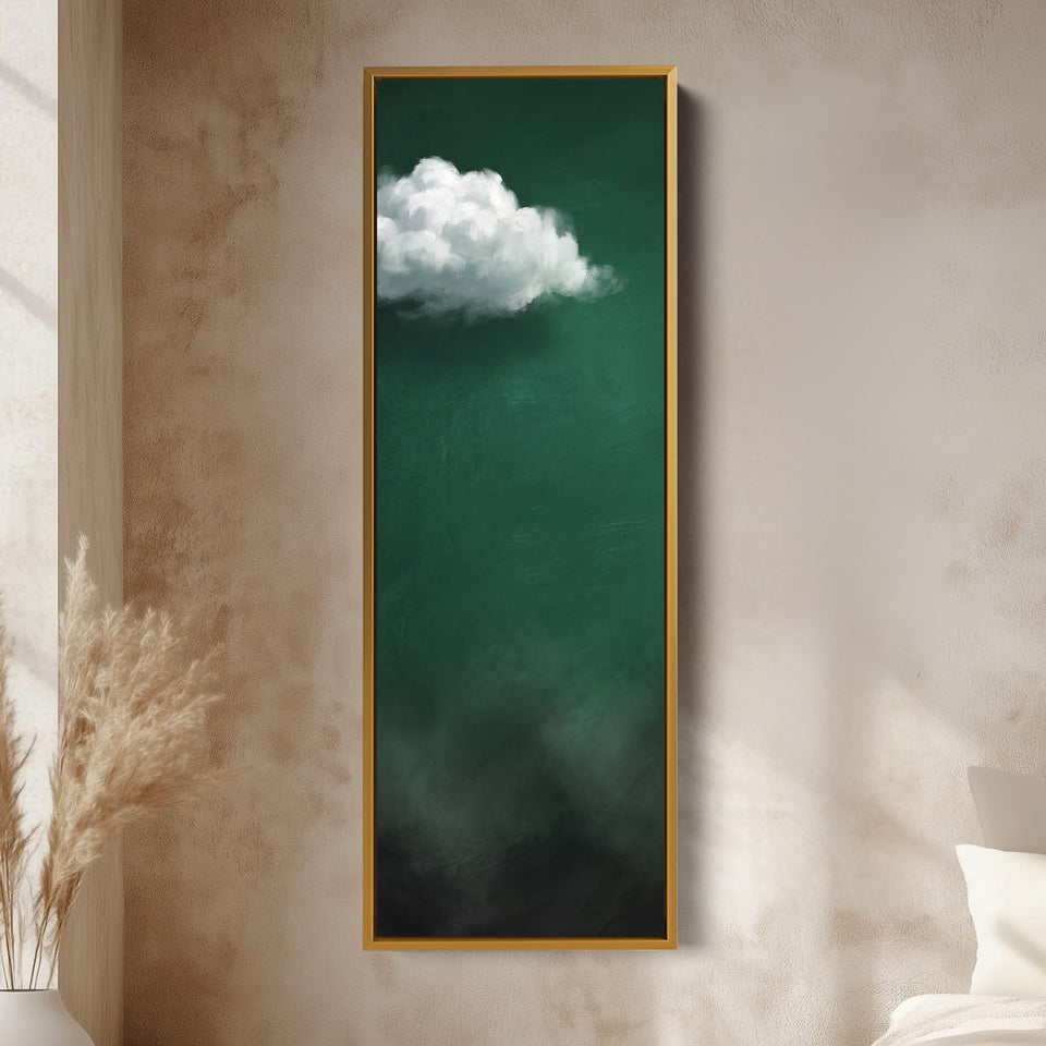 Living Room Wall Art Tall White Cloud on Emerald Green vertical wall art shown in a gold frame