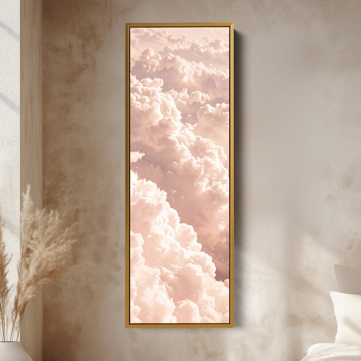 Long Narrow Wall Art Blush Pink Cloudscape for Bedroom vertical wall art shown in a gold frame