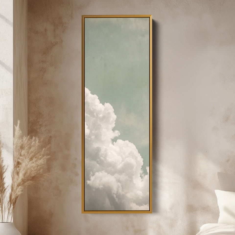 White Clouds on a Sage Sky Vertical Wall Art for Living Room vertical wall art shown in a gold frame