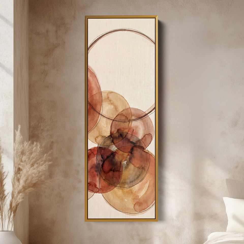 Warm Earthy Watercolor Circles Tall Narrow Wall Art for Living Room vertical wall art shown in a gold frame