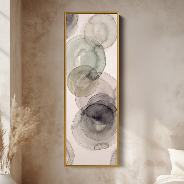 Office Wall Art Vertical Grey Watercolor Circles Abstract vertical wall art shown in a gold frame