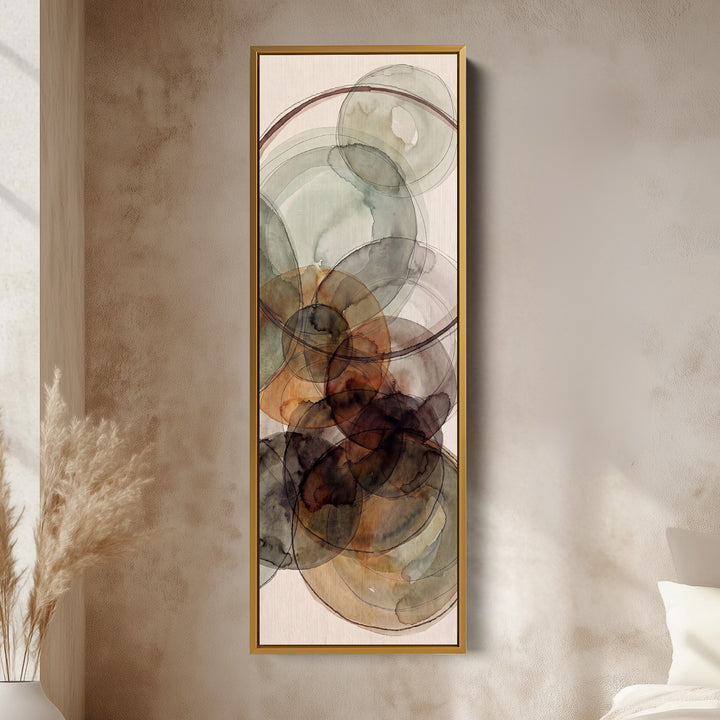 Tall Wall Art Rust and Sage Watercolor Circles Abstract for Dining Room vertical wall art shown in a gold frame
