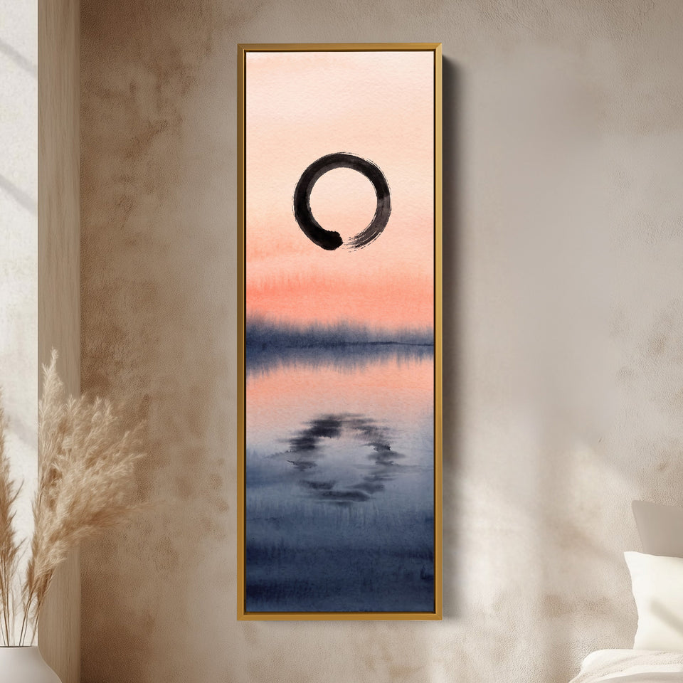Enso Circle Over a Sunset Lake Tall Narrow Wall Art Japanese Style vertical wall art shown in a gold frame