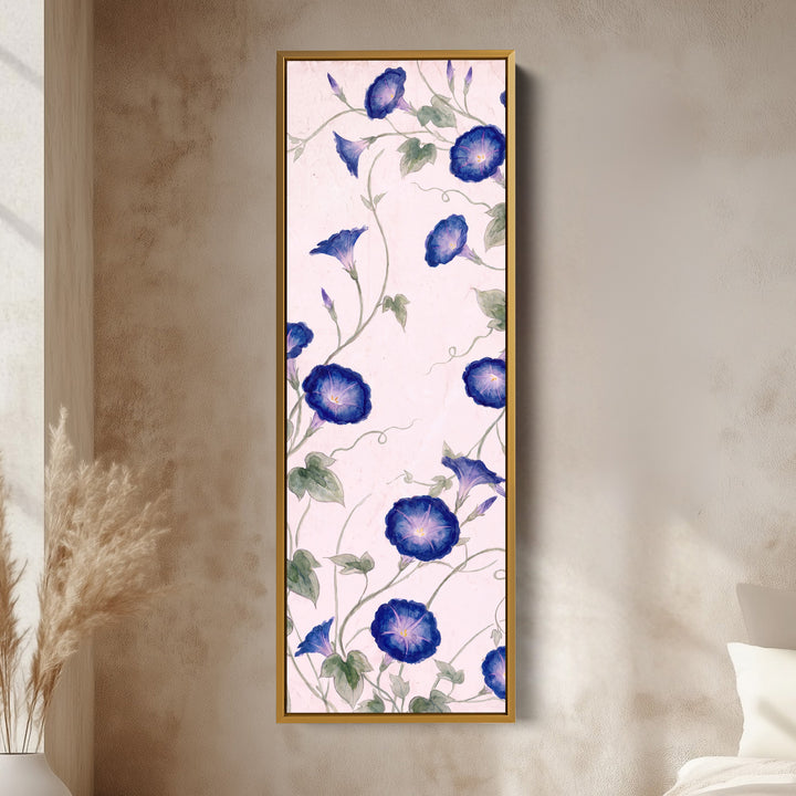 Living Room Wall Art Tall Narrow Blue Morning Glory Vines vertical wall art shown in a gold frame