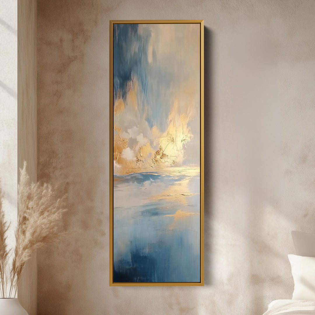 Large Framed Pictures - Abstract Blue & Gold Ocean Vertical Long Wall Art