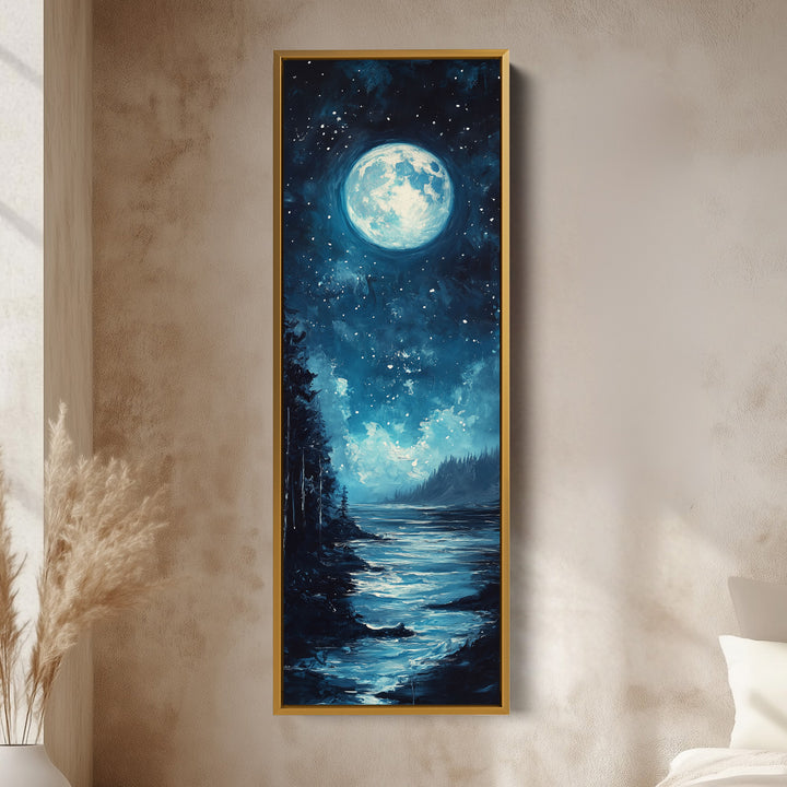 Moonlit Forest Night Vertical Narrow Long Wall Art Canvas