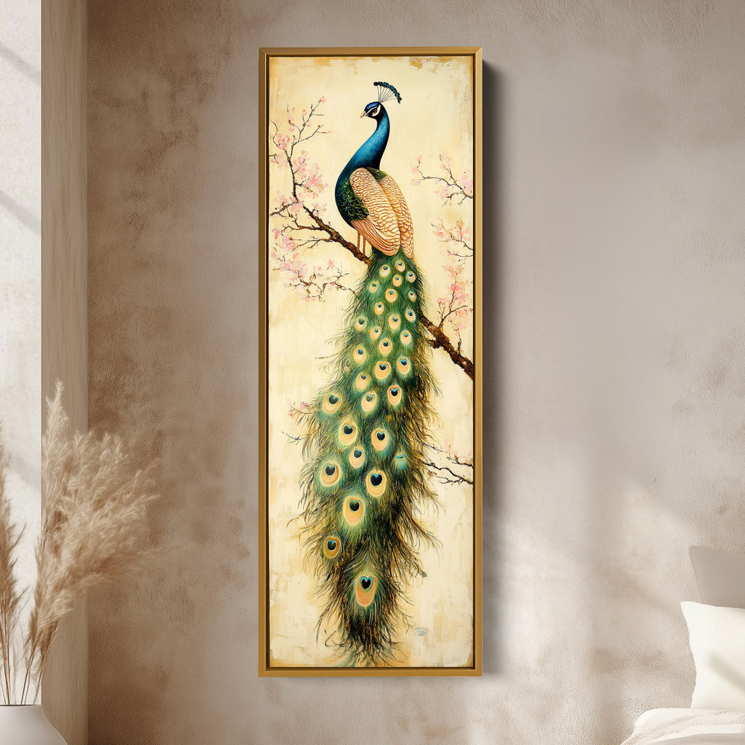 Grand tableau sur toile représentant un paon, encadré, décoration murale verticale.