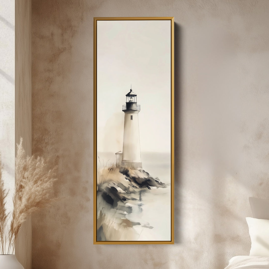 Grand tableau sur toile représentant un phare côtier, décor mural vertical, encadré.