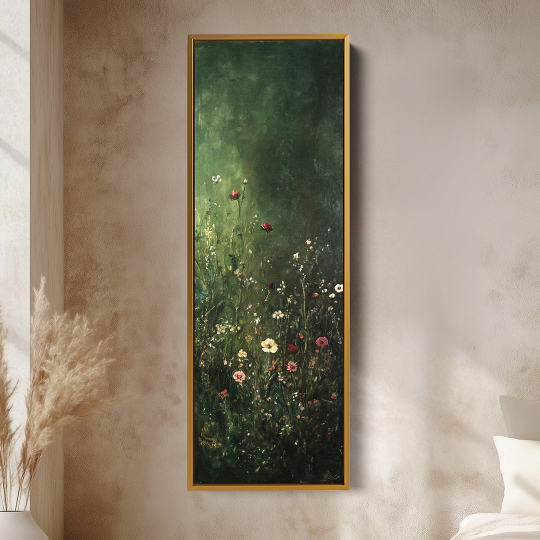 Vintage Wild Flowers Dark Green Vertical Wall Art - Tall Long Narrow Vertical Wall Decor