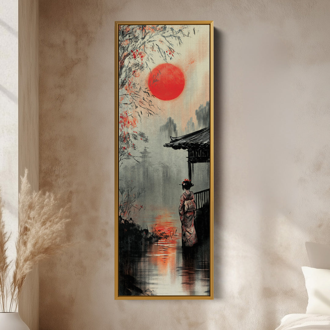 Japanese Geisha Long Narrow Framed Canvas Wall Art For Living Room