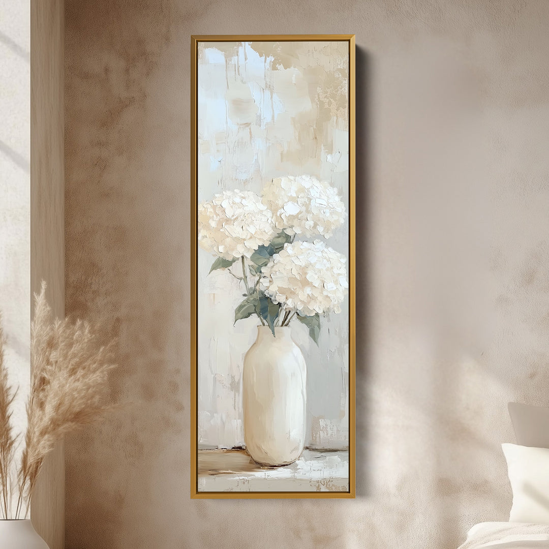 Tall Vertical Framed Canvas Beige Hydrangeas