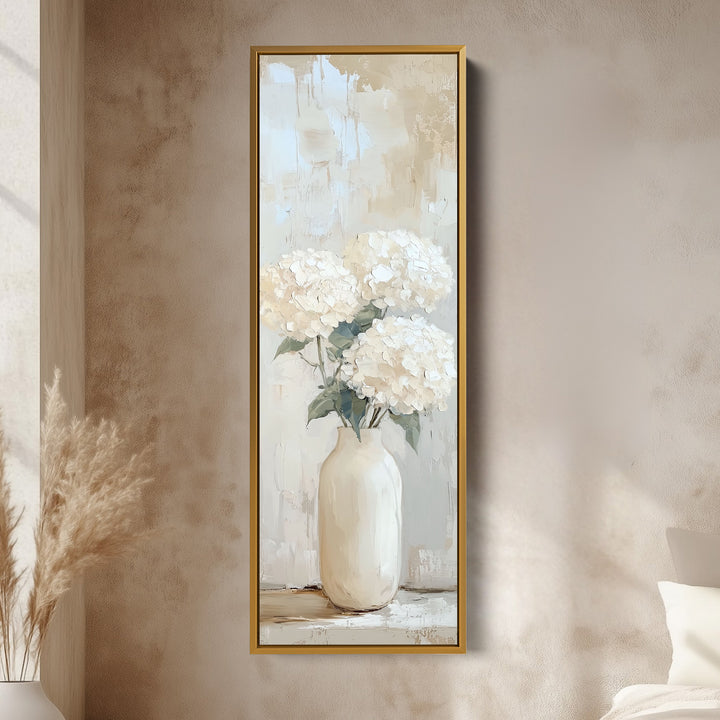 Tall Vertical Framed Canvas Beige Hydrangeas