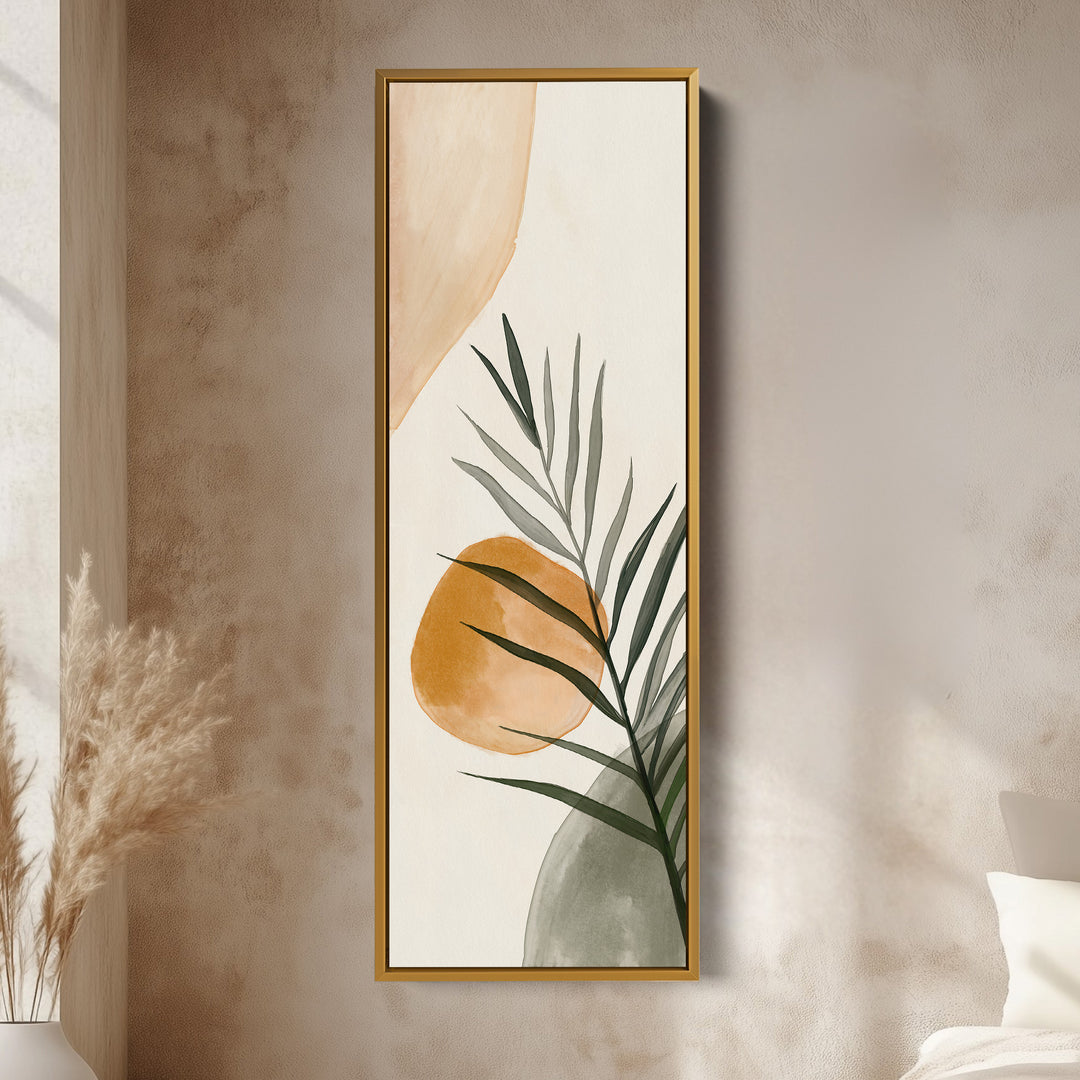 Vertical Beige & Green Botanical Abstract Long Framed Canvas