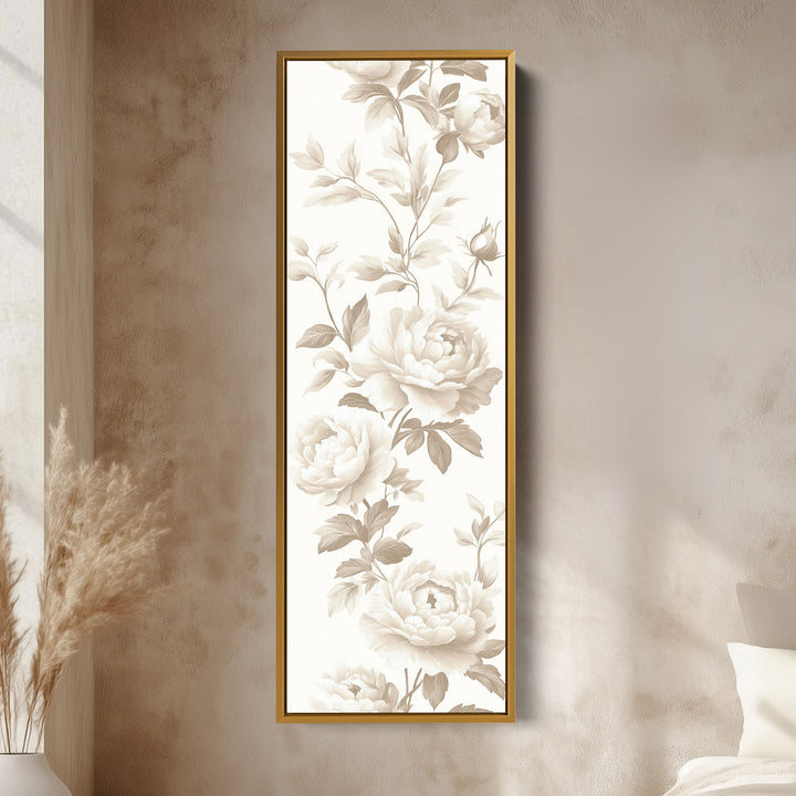 Décoration murale longue toile encadrée avec pivoines beiges verticales florales