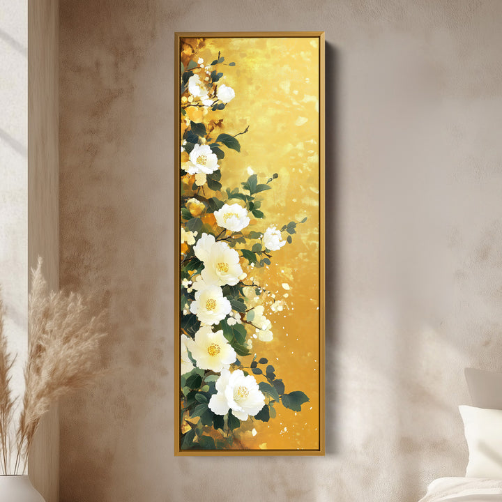 Vertical White & Gold Floral Long Framed Canvas Decor