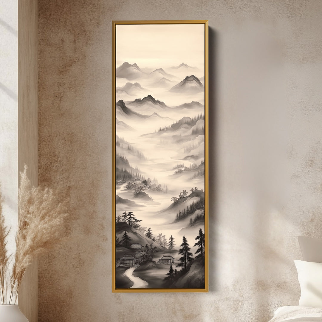 Vertical Chinese Landscape Painting Long Framed Canvas Decor