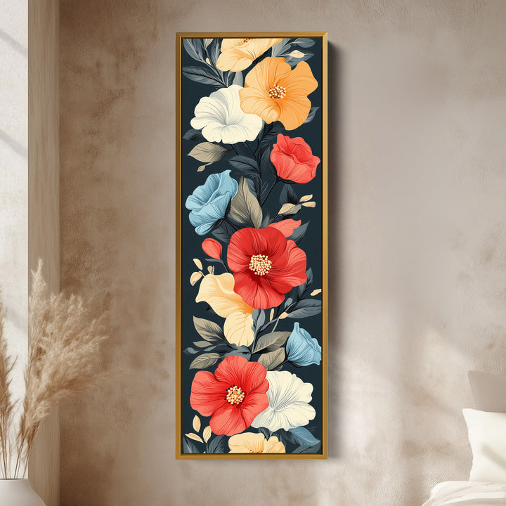Décoration murale verticale florale rouge et jaune.