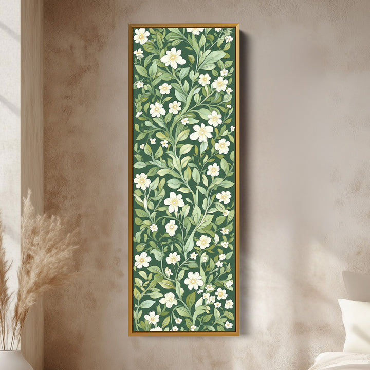 Toile encadrée verticale étroite à motifs floraux blancs et verts