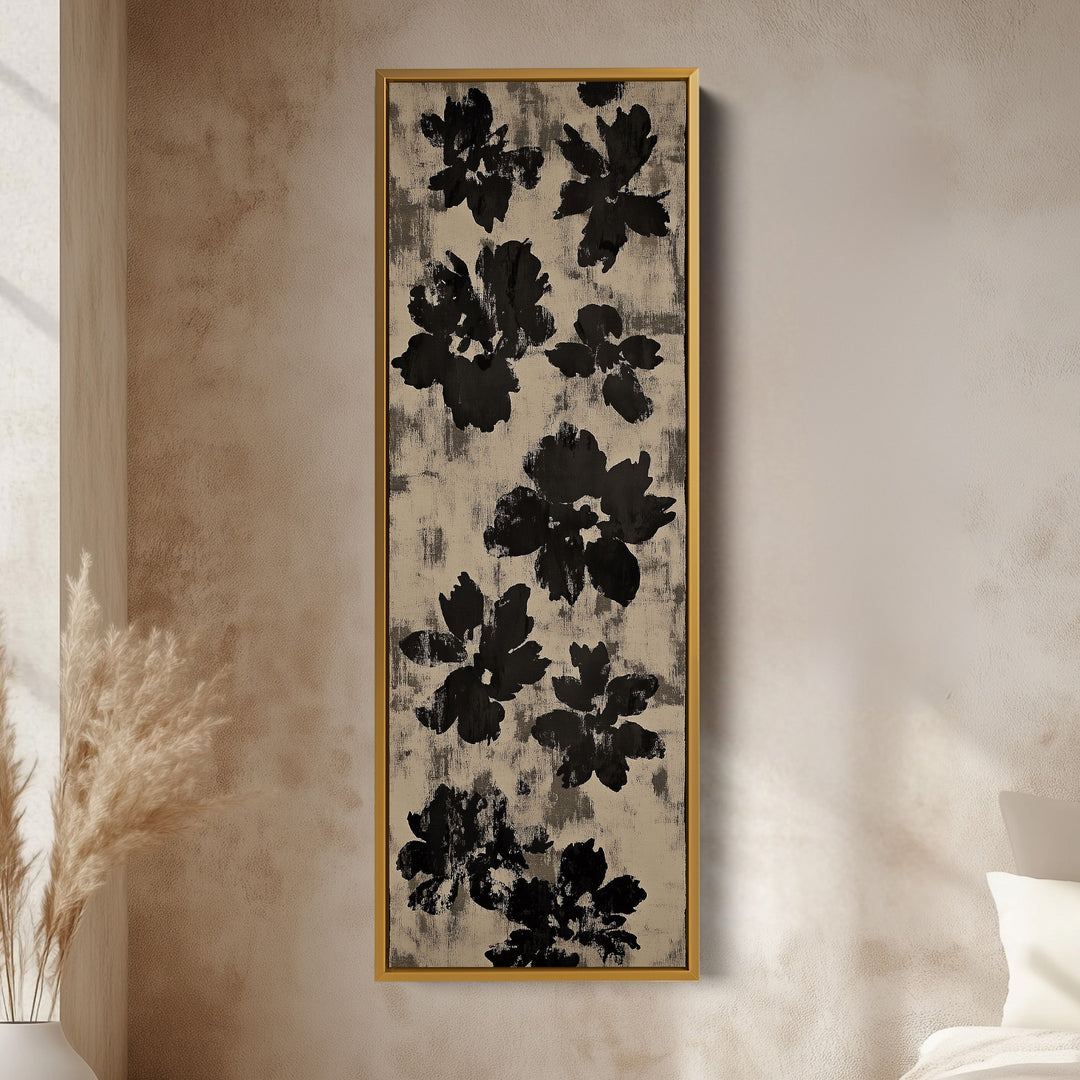 Black Abstract Floral Vertical Long Framed Canvas Wall Art