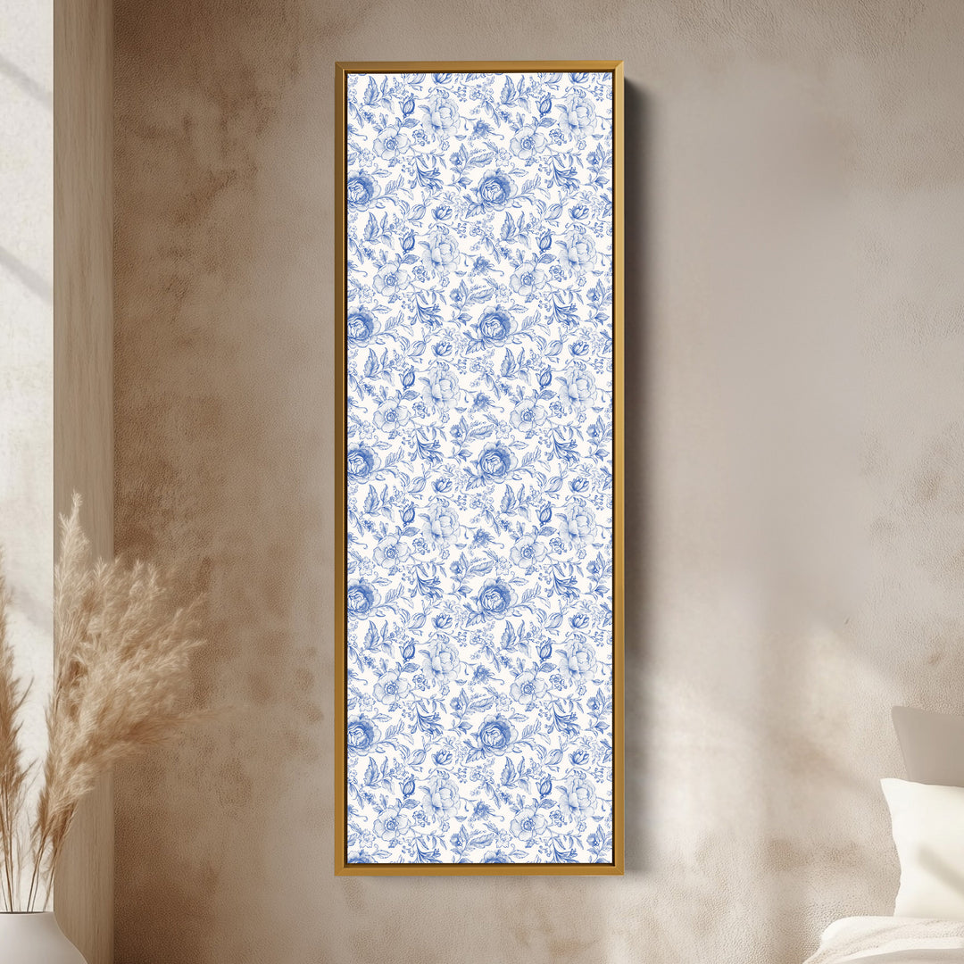 Vertical Floral Long Wall Art Blue & White Peonies