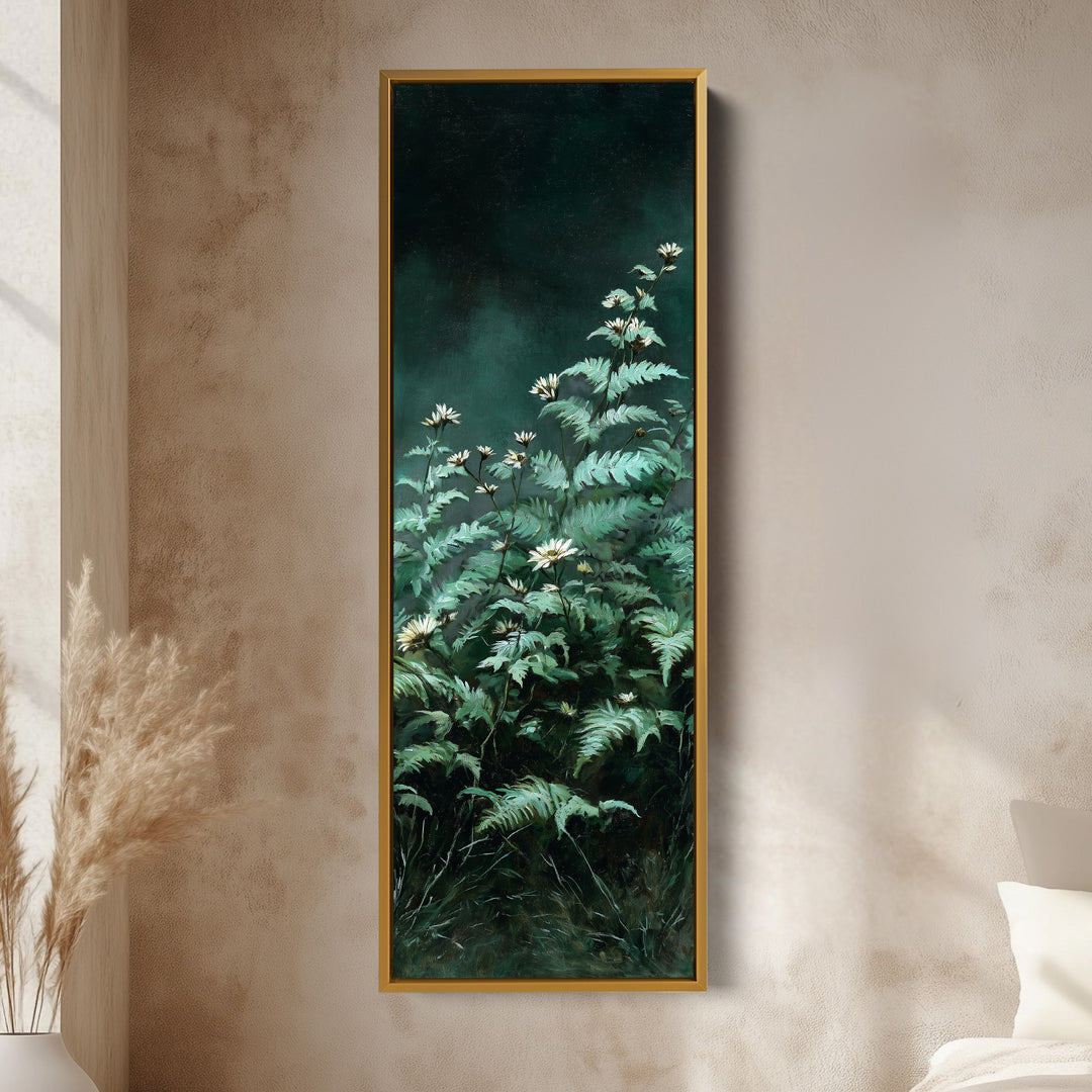 Toile encadrée verticale vert foncé – Accent mural fin de fleurs sauvages