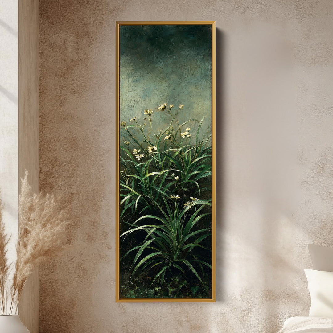 Flowers in Green Vertical Framed Canvas Art for Narrow Spaces