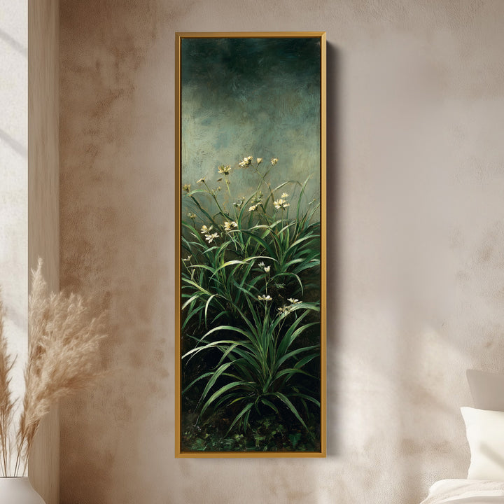 Flowers in Green Vertical Framed Canvas Art for Narrow Spaces