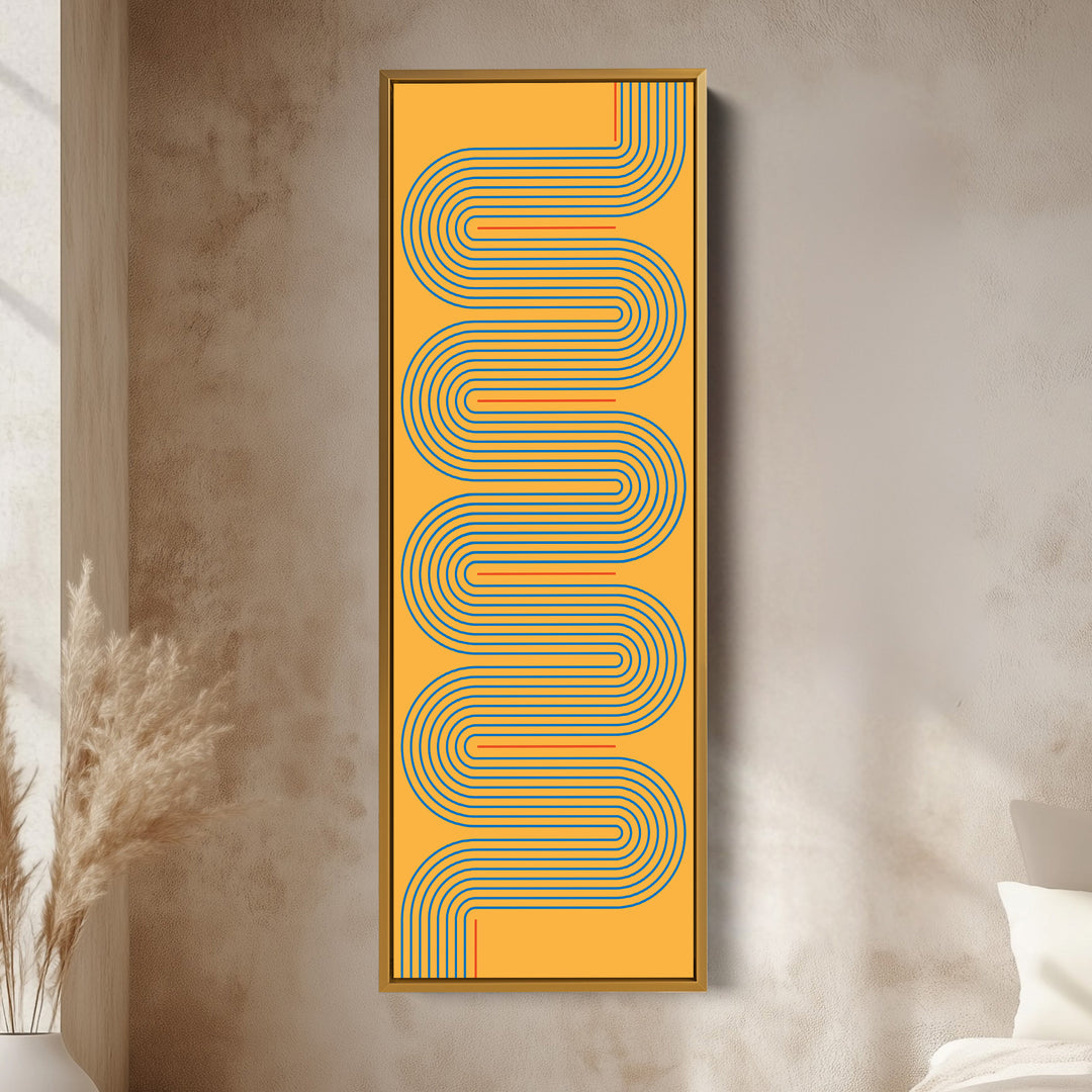 Playful Retro Curves Mustard Vertical Framed Canvas for Bedroom or Creative Workspace