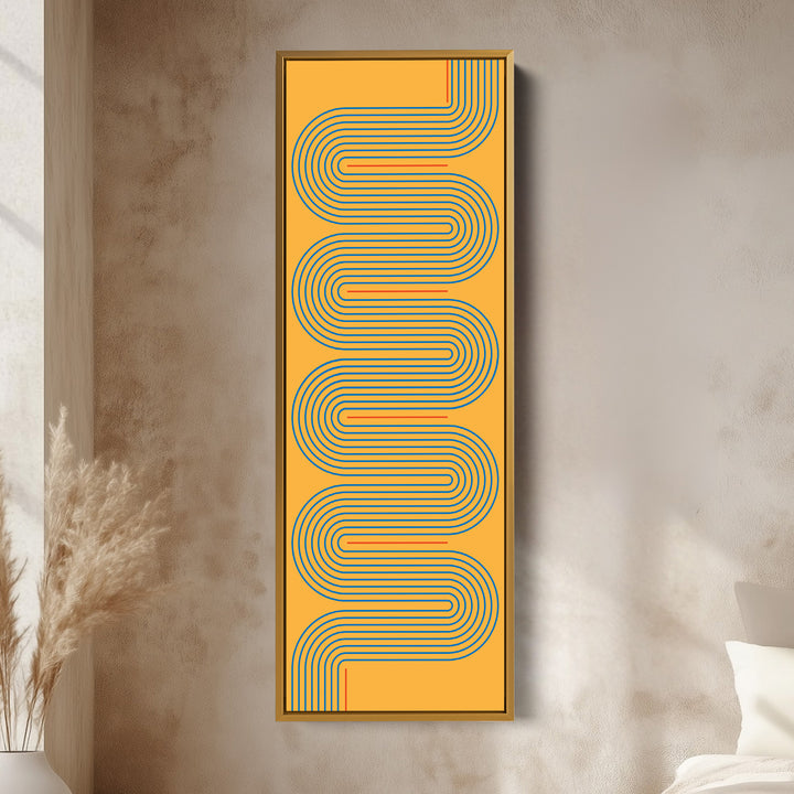 Playful Retro Curves Mustard Vertical Framed Canvas for Bedroom or Creative Workspace