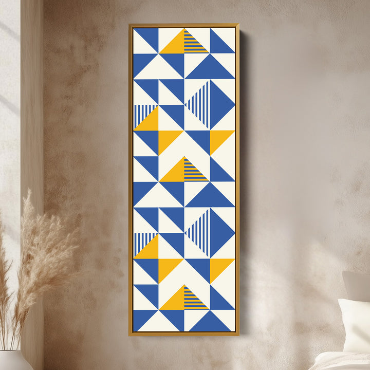 Retro Blue and Yellow Triangles Vertical Framed Canvas Wall Art for Bedroom or Hallway