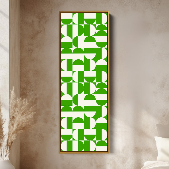 Art mural sur toile encadrée verticale avec cercles verts géométriques pour couloir ou bureau