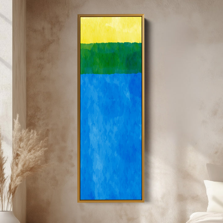 Abstract Horizon Blue and Yellow Vertical Framed Canvas Wall Art for Bedroom or Living Room