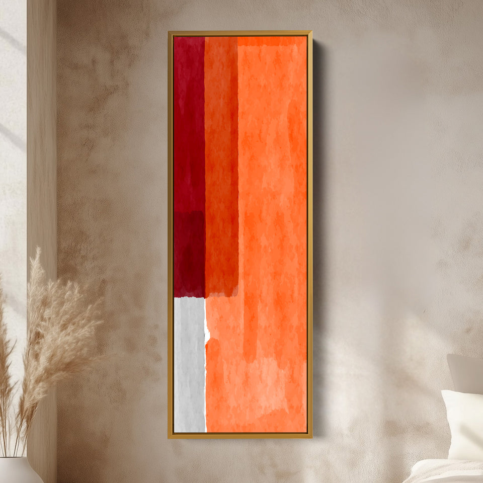 Toile encadrée verticale abstraite avec blocs rouges et orange pour salon ou chambre à coucher