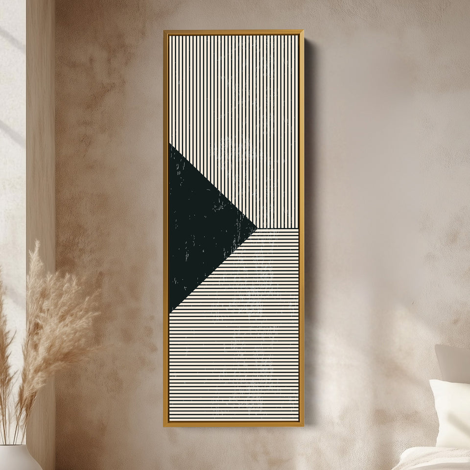 Minimalist Black and Beige Stripes Vertical Framed Canvas Wall Art for Hallway or Office