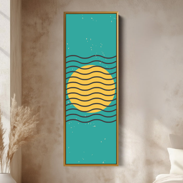 Teal and Yellow Minimalist Sun Vertical Framed Canvas Wall Art for Hallway or Bedroom