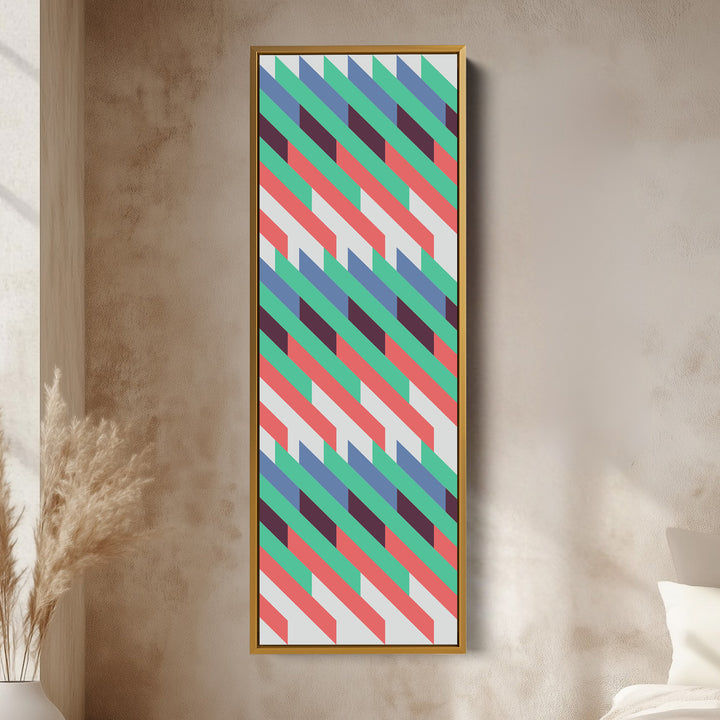 Retro Diagonal Stripes Vertical Framed Canvas Wall Art for Bedroom or Hallway
