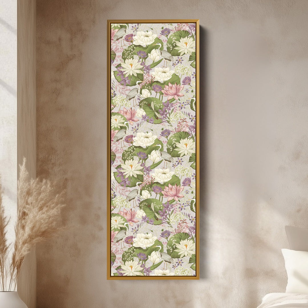 Vertical Framed Canvas Botanical Lotus Narrow Wall Art For Bedroom